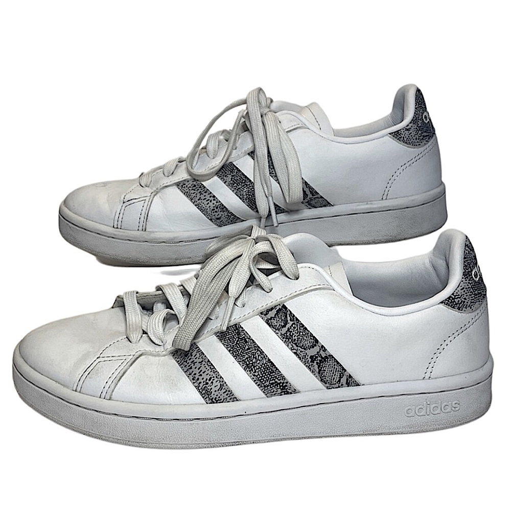 Adidas Grey Snakeskin white leather three stripe sneakers size 8.5
